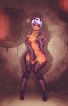  ant ant_girl arthropod breasts brown_eyes collar dark_skin female gradient gradient_background hair insect looking_at_viewer maniacpaint monster monster_girl purple_hair short_hair solo tile_background wide_hips 