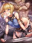  1girl arm_strap ass bad_id bad_pixiv_id bare_shoulders belt bent_over blonde_hair blue_eyes blush clenched_teeth doggystyle goggles goggles_on_head granblue_fantasy grin hair_grab hetero motion_lines nude pengy_(granblue_fantasy) saliva sex short_hair smile solo_focus teeth torogao yapo_(croquis_side) 