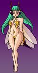  antennae arthropod bee black_eyes blush breasts darkstalkers female green_hair hair honey insect lips looking_at_viewer morrigan_aensland purple_lips solo unknown_artist video_games wide_hips wings 