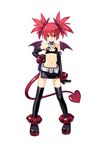  1girl bare_shoulders bat_wings bracelet demon_girl disgaea earrings elbow_gloves etna female gloves jewelry looking_at_viewer midriff miniskirt nippon_ichi official_art pointy_ears red_eyes red_hair simple_background skirt smile solo studs succubus tail trinity_universe tsunako twintails white_background wings 