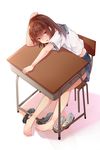  barefoot batatata77 brown_eyes brown_hair chair dress feet highres school_uniform serafuku shadow shoes shoes_removed short_hair sitting socks_removed solo toes uwabaki white_background 