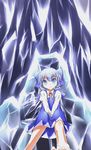  bad_feet barefoot blue_dress blue_eyes blush bow cirno collared_shirt dress expressionless hair_bow hands_on_lap head_tilt highres ice ice_wings legs long_sleeves looking_at_viewer ribbon shirt short_hair sitting solo throne touhou white_shirt wings yrjxp065 