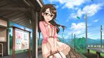  ahoge artist_request bag belt blue_sky braid brown-framed_eyewear brown_eyes brown_hair cloud day freckles glasses hair_ornament hairclip highres idolmaster idolmaster_cinderella_girls idolmaster_cinderella_girls_starlight_stage leaf official_art okuyama_saori single_braid sky smile solo tree 