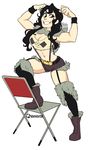  1girl beowulf_(skullgirls) black_eyes black_hair boots breasts chair cleavage genderswap simple_background skullgirls smile solo 