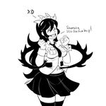  1girl english filia_(skullgirls) laughing long_hair monochrome navel necktie open_mouth prehensile_hair samson_(skullgirls) simple_background skirt skullgirls solo tagme thighhighs tickling 