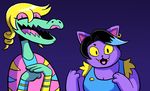  :3 anthro black_hair blonde_hair blue_hair bratty_(undertale) breasts cat catty_(undertale) cleavage clothed clothing crocodile duo ear_piercing eyelashes feline female fur greliz hair lipstick looking_at_viewer mammal multicolored_hair open_mouth piercing pink_eyes purple_background purple_fur reptile scalie smile tongue two_tone_hair undertale yellow_eyes 