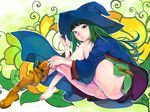  bangs barefoot blue_eyes blunt_bangs boots cape crossed_legs f.s. green_hair hat jacket knee_boots long_hair masou_shizuka panties putting_on_boots putting_on_shoes rance_(series) single_boot solo underwear witch witch_hat 