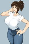  blue_background breasts brown_eyes brown_hair collarbone denim giboshi_matoi hand_on_hip highres huge_breasts jeans kochikame looking_at_viewer pants ponytail shirt short_hair short_ponytail simple_background sleeves_rolled_up smile solo space_jin thick_thighs thighs wide_hips 