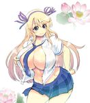  blonde_hair blue_eyes breasts curvy huge_breasts katsuragi_(senran_kagura) long_hair looking_at_viewer navel necktie open_clothes open_shirt rebis senran_kagura shirt skirt smile solo sweat thighs wide_hips 