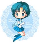  bishoujo_senshi_sailor_moon blue_bow blue_choker blue_eyes blue_footwear blue_hair blue_sailor_collar blue_skirt boots bow character_name chibi choker circlet earrings elbow_gloves gloves hiyopuko jewelry knee_boots miniskirt mizuno_ami pleated_skirt ribbon sailor_collar sailor_mercury sailor_senshi_uniform short_hair signature skirt solo translated white_gloves 