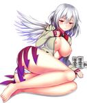  ass barefoot beer_can blush breasts can cleavage ebi_193 full_body kishin_sagume large_breasts long_sleeves looking_at_viewer nipples no_bra open_clothes panties pantyshot red_eyes short_hair silver_hair simple_background single_wing solo touhou underwear white_background white_panties wings 