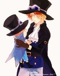  carrying dual_persona goggles goggles_on_headwear hat mako1124 male_focus multiple_boys one_piece sabo_(one_piece) scar smile time_paradox top_hat younger 