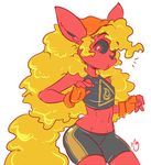  anthro black_sclera blonde_hair cinnamon_swirl clothed clothing eeveelution female fingerless_gloves flareon flat_chested fur gloves hair long_hair midriff nintendo pcaduck pok&eacute;mon red_eyes red_fur shirt solo video_games 