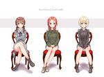  blonde_hair blue_eyes blush brown_eyes brown_hair commentary_request crossed_arms crossed_legs erica_hartmann german gertrud_barkhorn highres long_hair looking_at_viewer military military_uniform minna-dietlinde_wilcke multiple_girls no_socks open_mouth red_eyes red_hair short_hair sitting smile strike_witches totonii_(totogoya) twintails uniform world_witches_series 