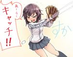  &gt;_&lt; baseball baseball_mitt black_legwear blush brown_hair closed_eyes flying_sweatdrops hayasui_(kantai_collection) jacket kantai_collection magenta_(atyana) miniskirt open_mouth short_hair skirt socks solo track_jacket translated 