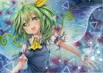  arm_ribbon ascot blue_dress daiyousei dress fairy_wings green_eyes green_hair hair_ribbon looking_at_viewer mosho open_mouth pointy_ears puffy_short_sleeves puffy_sleeves ribbon shirt short_sleeves side_ponytail smile solo touhou traditional_media upper_body watercolor_(medium) wings 