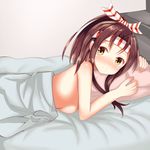  absurdres arlonn bed_sheet blush breasts brown_eyes brown_hair headband highres kantai_collection looking_at_viewer lying nude on_bed on_stomach sideboob small_breasts smile zuihou_(kantai_collection) 