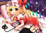  ascot bed black_legwear blonde_hair bow character_doll fang flandre_scarlet garter_belt hat hat_bow laevatein lying mob_cap on_side open_mouth pillow red_eyes remilia_scarlet ruhika solo thighhighs touhou wings 