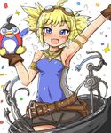  :d ahoge armpits belt bird blonde_hair blush breasts covered_navel covered_nipples fang gears goggles goggles_on_head granblue_fantasy looking_at_viewer macchou_(tsubonekoya) nose_blush open_mouth penguin pengy_(granblue_fantasy) purple_eyes short_hair short_twintails shorts simple_background small_breasts smile solo sweat tsurime twintails white_background 