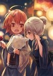  ahoge alternate_hairstyle backlighting blurry bokeh breasts brown_hair candy_apple cotton_candy depth_of_field floral_print food food_theft hair_bun hair_ornament hair_tucking hairclip hand_in_hair i-58_(kantai_collection) japanese_clothes kantai_collection kashii_(amoranorem) kimono long_hair looking_at_another multiple_girls obi open_mouth sash short_hair small_breasts u-511_(kantai_collection) upper_body yuri 