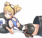  :d animal_costume ass bangs blonde_hair cowboy_shot fang goggles goggles_on_head granblue_fantasy lying on_stomach open_mouth penguin_costume pengy_(granblue_fantasy) short_hair short_twintails shorts smile solo spirytus_tarou sweat twintails 