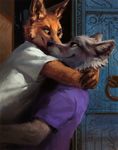  2015 anthro black_eyes brown_fur canine clothed clothing door duo eye_contact fox fur grey_fur happy hax_(artist) hug male mammal painting red_fox shaded shirt smile wolf 