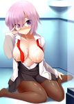  black-framed_eyewear blush breasts breasts_outside brown_legwear collarbone cum cum_on_body cum_on_breasts cum_on_upper_body fate/grand_order fate_(series) glasses kurikara large_breasts long_sleeves looking_at_viewer mash_kyrielight necktie nipples over-rim_eyewear pantyhose pink_hair purple_eyes semi-rimless_eyewear shiny shiny_clothes shiny_hair shiny_skin short_hair sitting skirt solo sweatdrop translucent_hair untied unzipped wariza 