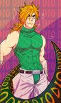  artist_name bandages blonde_hair cosplay diego_brando dio_brando dio_brando_(cosplay) fang gloves green_shirt jojo_no_kimyou_na_bouken male_focus muscle niitsumee scarf scary_monsters_(stand) shirt signature solo sparkle steel_ball_run tail tight_shirt white_gloves 