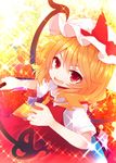  ascot bad_id bad_pixiv_id beni_shake blonde_hair dress fang flandre_scarlet hat hat_ribbon laevatein looking_at_viewer mob_cap open_mouth red_dress red_eyes ribbon shirt short_sleeves smile solo touhou wings 