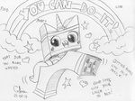  &lt;3 2014 black_and_white blush cat english_text equine eyelashes feline female ghis horn hybrid mammal monochrome motivational_poster open_mouth pencil_(artwork) rainbow smile solo star suggestive text the_lego_movie traditional_media_(artwork) unicorn unikitty 