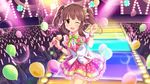  ;d audience balloon blush brown_hair glowstick highres idol idolmaster idolmaster_cinderella_girls idolmaster_cinderella_girls_starlight_stage jpeg_artifacts looking_at_viewer microphone ogata_chieri one_eye_closed open_mouth polka_dot_skirt skirt sleeveless_blazer smile stage stage_lights twintails 