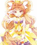  alternate_eye_color amanogawa_kirara ayumaru_(art_of_life) brown_eyes brown_hair character_name cowboy_shot cure_twinkle earrings gloves go!_princess_precure jewelry long_hair low-tied_long_hair magical_girl multicolored_hair precure quad_tails red_hair skirt smile solo star star_earrings streaked_hair twintails two-tone_hair v white_background white_gloves yellow_skirt 