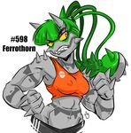  anthro breasts clothed clothing female ferrothorn green_hair grey_skin hair half-length_portrait horn midriff muscular muscular_female navel nintendo nipple_bulge pcaduck pok&eacute;mon ponytail red_eyes shirt simple_background solo spikes tank_top teeth tusks video_games white_background yellow_sclera 