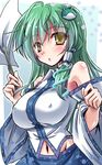  bare_shoulders breasts covered_nipples cowboy_shot detached_collar frog_hair_ornament gohei green_hair hair_ornament kochiya_sanae large_breasts long_hair looking_at_viewer midriff navel shirt skirt snake_hair_ornament solo touhou wide_sleeves yamu_(reverse_noise) yellow_eyes 