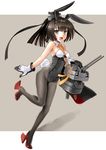  :d akizuki_(kantai_collection) alternate_hairstyle animal_ears bare_shoulders black_eyes black_hair black_legwear blush breasts bunny_ears bunny_girl bunny_tail bunnysuit chou-10cm-hou-chan cleavage detached_collar fake_animal_ears full_body hairband high_heels kantai_collection katahira_masashi long_hair looking_at_viewer open_mouth pantyhose ponytail simple_background small_breasts smile solo tail wrist_cuffs 