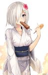  blue_eyes corn hair_ornament hair_over_one_eye hairclip hamakaze_(kantai_collection) highres ikayaki japanese_clothes kantai_collection kimono short_hair silver_hair solo squid yukata yukihama 