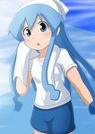  :o alternate_costume blue_eyes blue_hair blush bracelet commentary_request gandoru gym_uniform hat ikamusume jewelry long_hair looking_at_viewer open_mouth shinryaku!_ikamusume shirt shorts solo squid_hat sweat t-shirt tentacle_hair towel very_long_hair wiping_face 