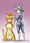  animal_costume animal_ears animal_print aozame_takao ass blonde_hair blush bodysuit breast_squeeze breasts collar fangs grey_hair hair_ornament kneeling latex leash medium_breasts mouse_costume mouse_ears mouse_tail multicolored_hair multiple_girls nazrin open_mouth red_eyes silver_hair small_breasts standing streaked_hair tail tiger_costume tiger_print toramaru_shou touhou v_arms yellow_eyes 