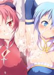  2girls armpits arms_up blue_hair blush bow breasts cleavage cum cum_on_armpit cum_on_body cum_on_upper_body elbow_gloves erect_nipples facial female gloves grin hair_bow large_breasts mahou_shoujo_madoka_magica miki_sayaka multiple_girls ponytail red_hair rei_oe sakura_kyouko short_hair simple_background smile soul_gem stain sweat sweat_stain 