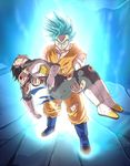  aura black_hair blood blood_from_mouth blue_eyes blue_hair boots bruise carrying closed_eyes dirty dougi dragon_ball dragon_ball_z dragon_ball_z_fukkatsu_no_f fuoore_(fore0042) gloves highres injury male_focus multiple_boys princess_carry son_gokuu super_saiyan super_saiyan_blue torn_clothes unconscious vegeta white_gloves wristband 