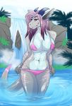  anthro big_breasts bikini blue_scales breasts camel_toe cleavage clothed clothing countershading dragon eyeshadow female gradient_hair grey_scales hair horn kittentits lake makeup markings midriff multicolored_scales navel outside palm_tree panties panty_pull partially_submerged pink_hair pinup pose purple_hair red_eyes rock scales scalie skimpy sky smile solo standing swimsuit tight_clothing tree underwear undressing water waterfall wet white_scales white_sclera 