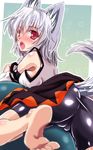  animal_ears ass bad_feet barefoot blush breasts cameltoe detached_collar inubashiri_momiji large_breasts looking_at_viewer looking_back open_mouth pink_eyes shirt silver_hair skirt solo tail touhou wolf_ears wolf_tail yamu_(reverse_noise) 