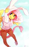  &lt;3 anthro clothed clothing equine fangs female fluttershy_(mlp) friendship_is_magic hand_on_head hood hoodie lizombie looking_at_viewer mammal my_little_pony pants pegasus simple_background solo white_background wings 