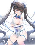  black_hair blue_eyes blue_ribbon blush bow breasts cleavage covered_navel dress dress_tug dungeon_ni_deai_wo_motomeru_no_wa_machigatteiru_darou_ka hestia_(danmachi) large_breasts long_hair md5_mismatch rei_no_himo repi revision ribbon signature solo thighs twintails 