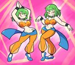  2girls dance dancing gradient gradient_background green_hair hikage_(senran_kagura) multiple_girls orange_eyes senran_kagura striped_background tattoo 