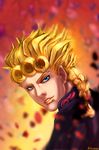  artist_name blonde_hair blue_eyes blurry braid depth_of_field earrings face giorno_giovanna jewelry jojo_no_kimyou_na_bouken male_focus niitsumee petals portrait signature solo 