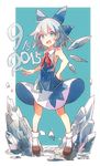  60mai :d adapted_costume bare_arms bare_shoulders blue_eyes blue_hair blush bobby_socks cirno commentary dress fang ice ice_wings loafers looking_at_viewer melting no_shirt open_mouth shoes short_hair sleeveless sleeveless_dress smile socks solo touhou v-shaped_eyebrows wings 
