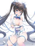  black_hair blue_eyes blue_ribbon blush bow breasts cleavage covered_navel dress dress_tug dungeon_ni_deai_wo_motomeru_no_wa_machigatteiru_darou_ka hestia_(danmachi) large_breasts long_hair md5_mismatch rei_no_himo repi ribbon signature solo thighs twintails 