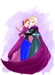  anna_(frozen) blonde_hair cape elsa_(frozen) frozen_(disney) hidaka_ajiko highres hug multiple_girls orange_hair protected_link siblings sisters 