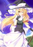  absurdres blonde_hair bow finger_to_mouth fingerless_gloves gloves hat hat_bow highres k_liss_s kirisame_marisa light_rays one_eye_closed solo sunbeam sunlight touhou white_bow witch_hat yellow_eyes 